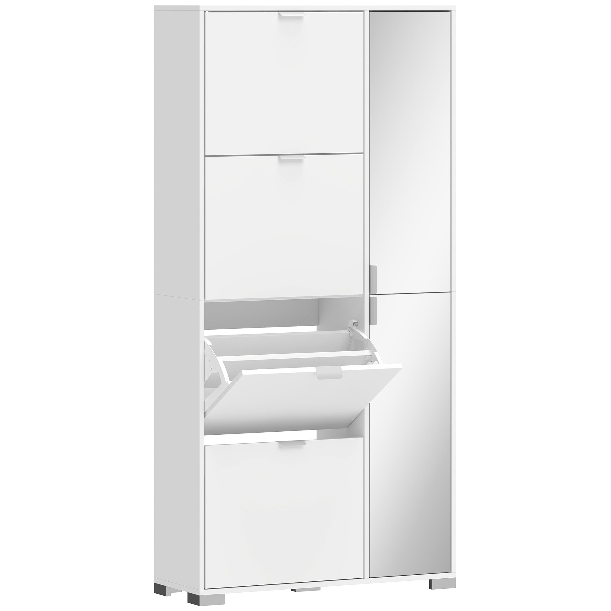 HOMCOM Shoe Rack with Mirror, 4 Drawers with Flap, Entrance Shoe Cabinet, White