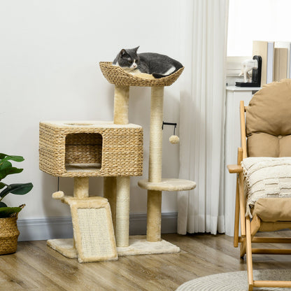 Cat Scratching Tree with House, Perch and Ball, Made of Wood and Polyester, 60x40x95 cm, Brown and Beige