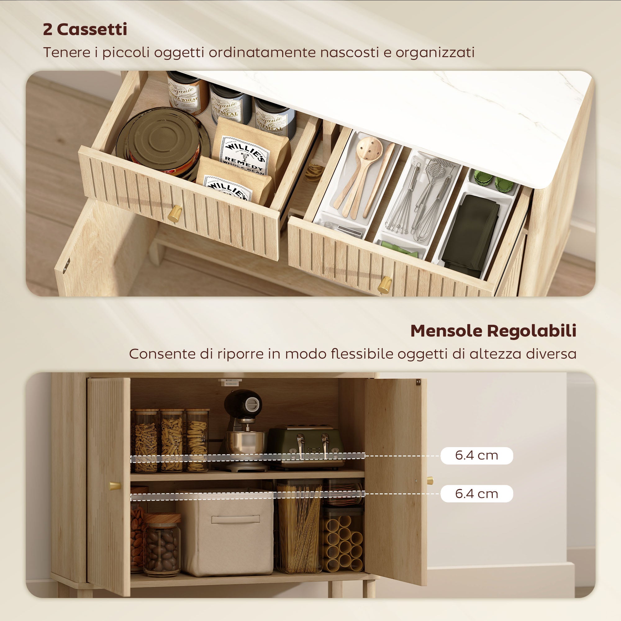 Wooden Sideboard with 2 Drawers, Cabinet and Marble Effect Top, 77x30x80 cm, Oak Color