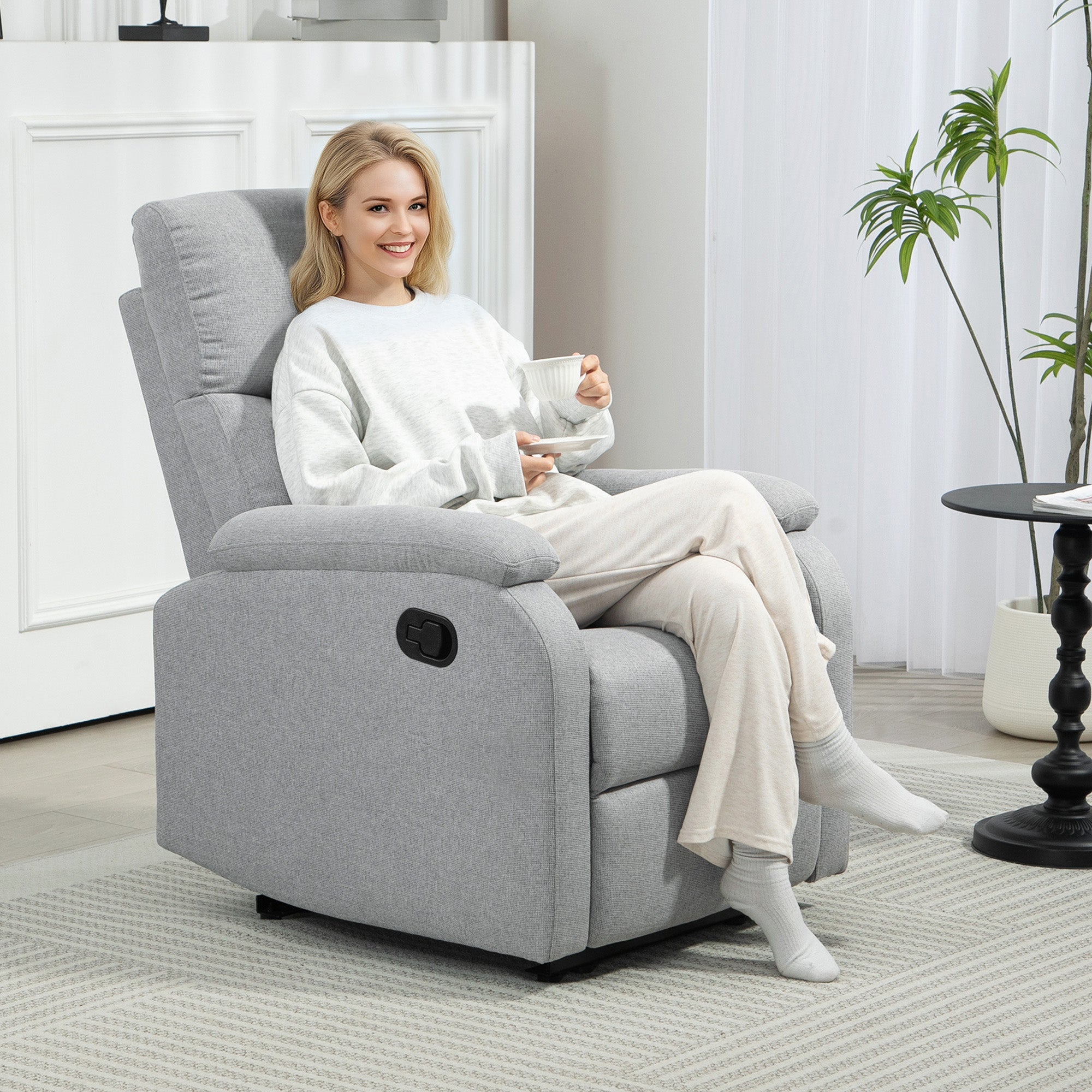 Manually Reclining Armchair at 60° Extra Padded in Fabric with Footrest, Gray