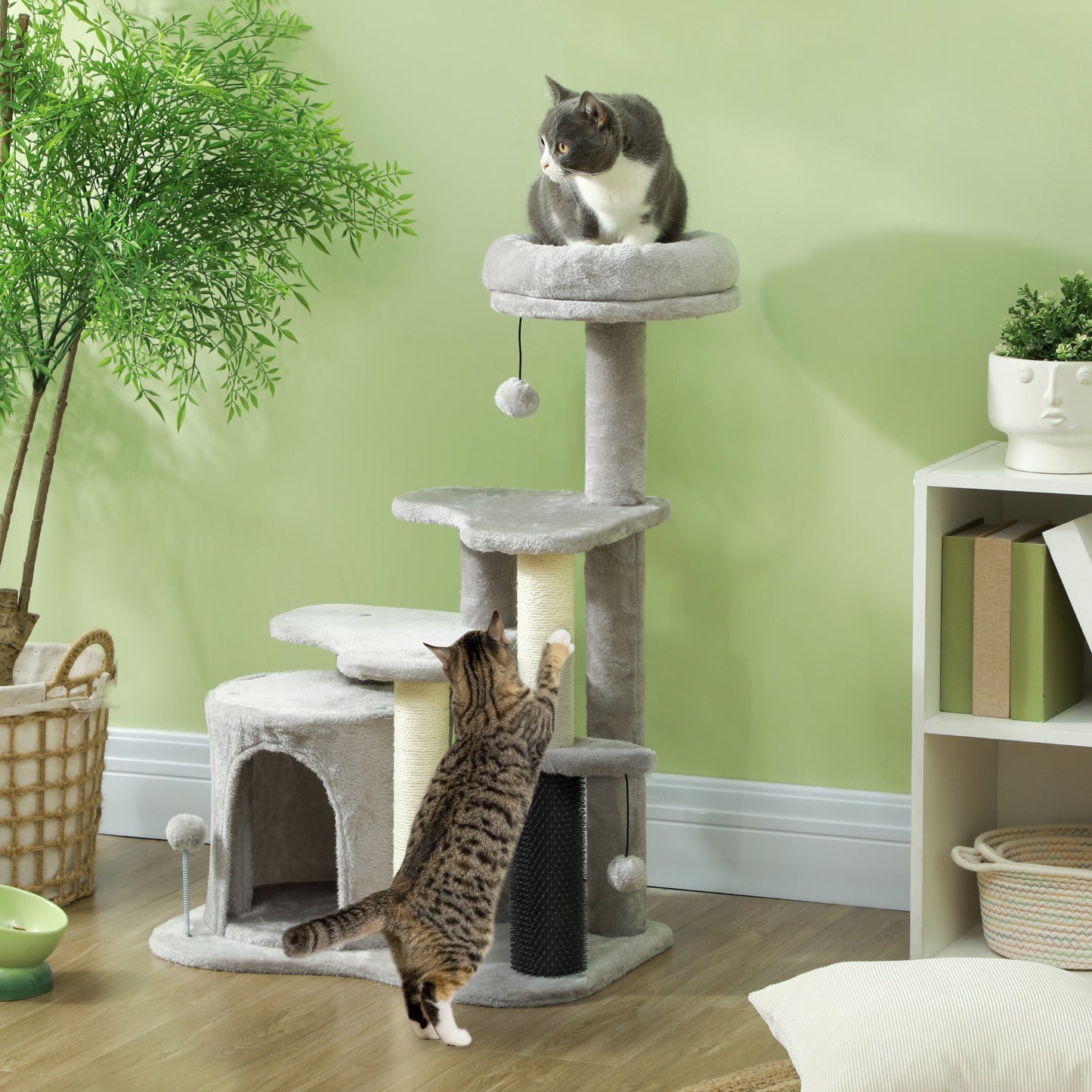 Cat Tree with Playhouse, Bed and Balls, Chipboard, Sisal and Plush, 60x39x87 cm, Light Grey and Cream