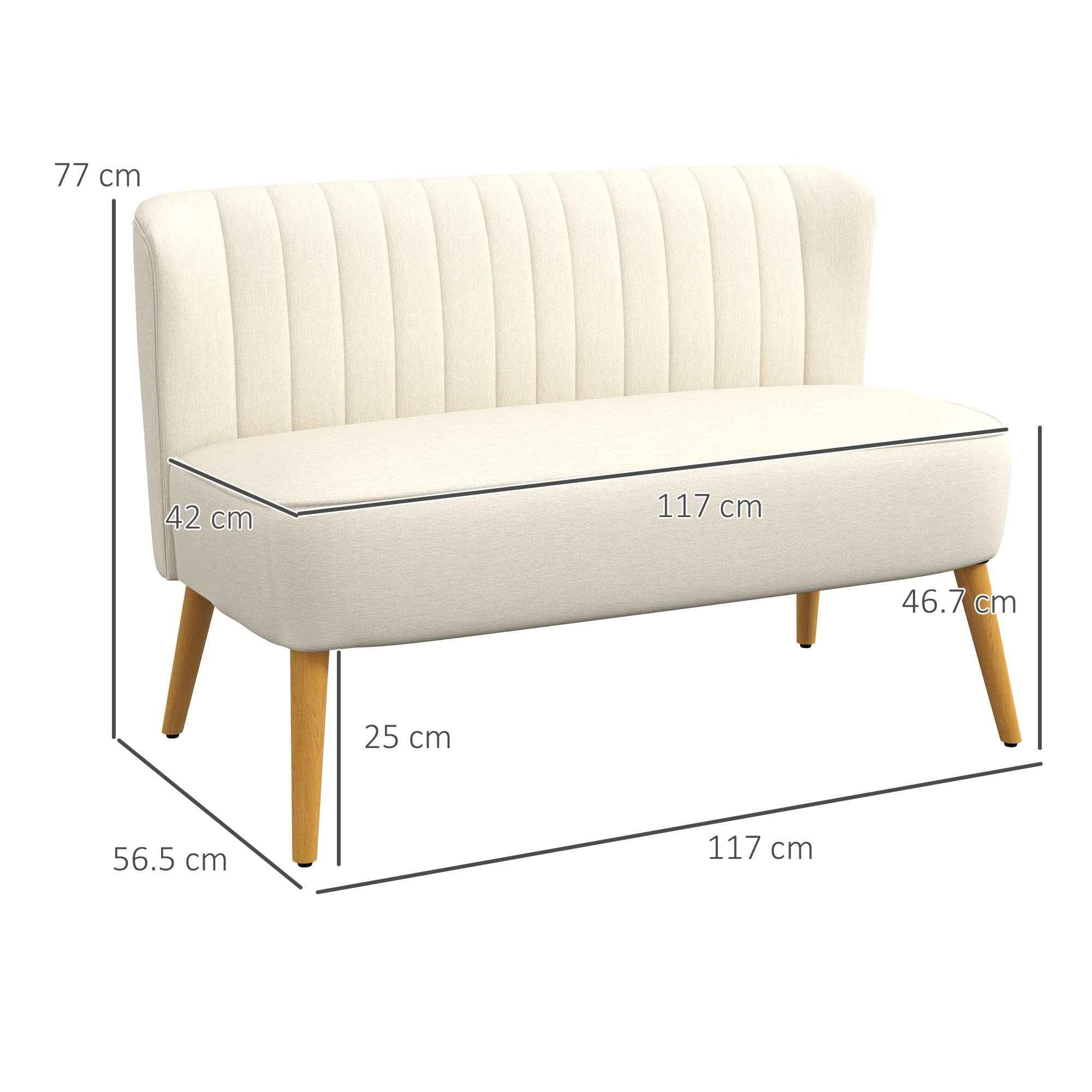 2-Seater Sofa in Linen-Effect Fabric without Armrests with Wooden Legs, 117x56.5x77 cm, Cream White