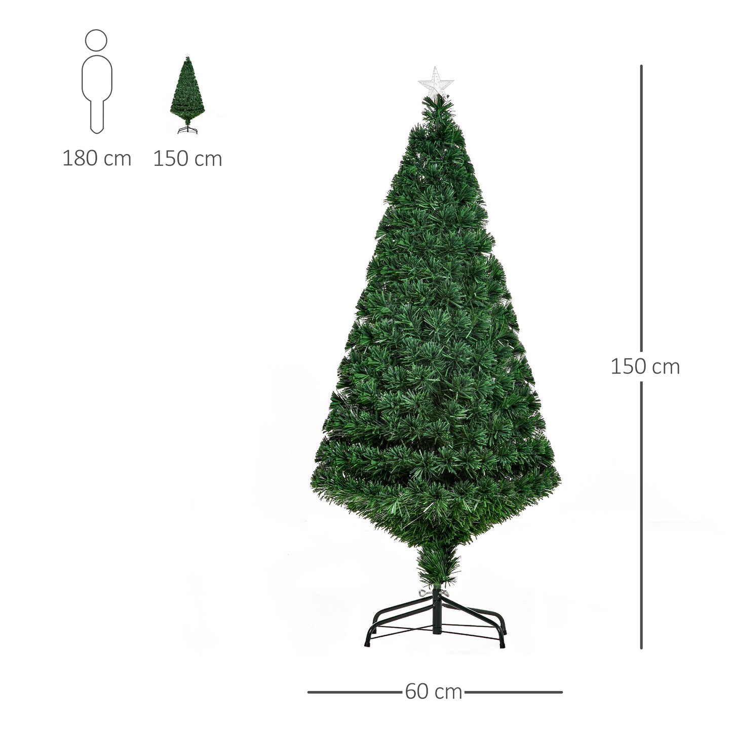 CHRISTMAS TREE - Artificial Christmas Tree 150cm with Optical Fibers and LED Lights, Luminous Christmas Tree with 180 Branches, Green