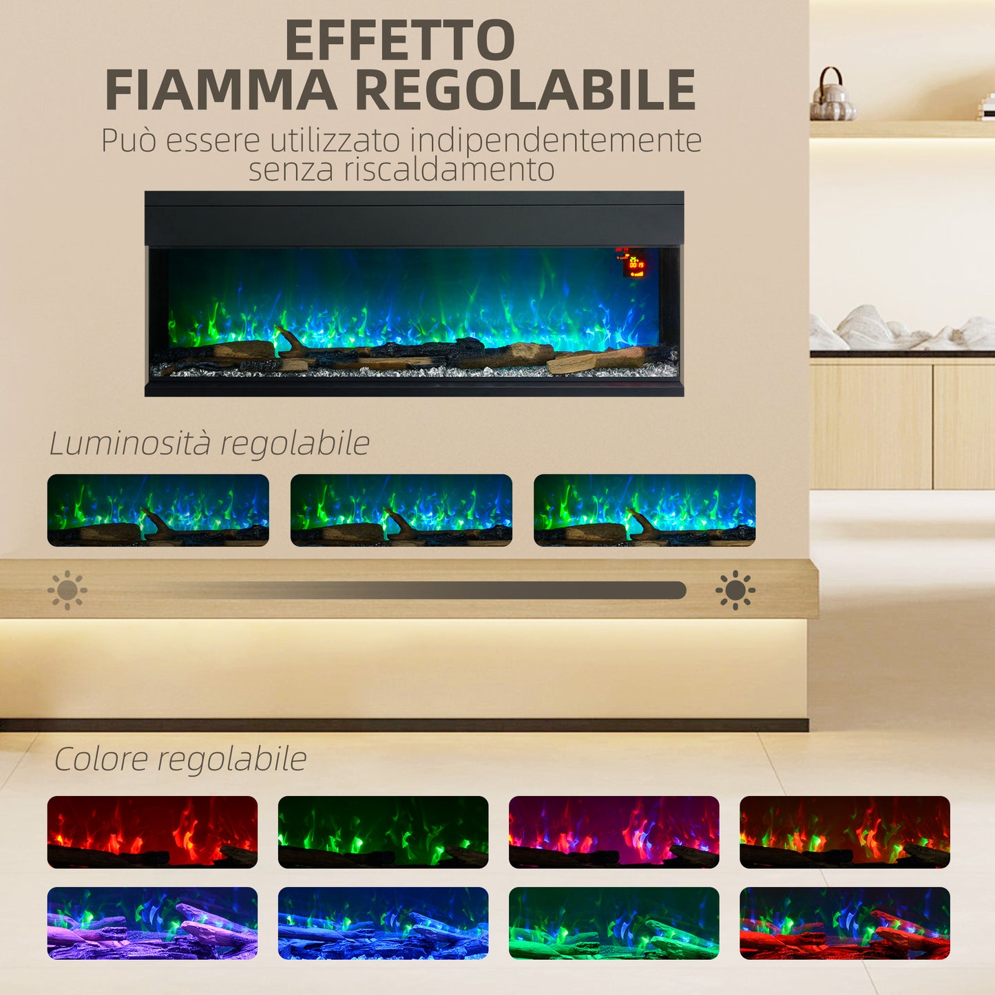 Built-in and Wall Electric Fireplace 1800W with Adjustable LED Colored Flames, Temperature up to 40°C, Black