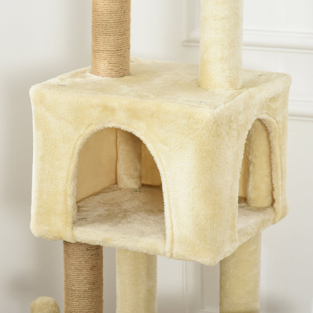 Cat Tree, 136 cm Tall, with Removable House, Cat House and Bed, Jute Poles, Beige