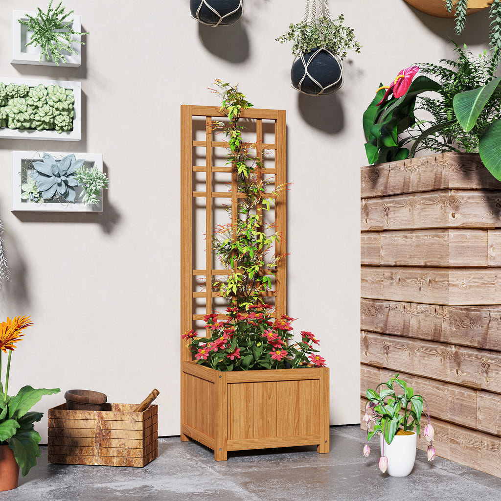 Planter with Trellis for Climbing with Drainage Hole and Lining, Wooden, 40x40x120 cm, Brown