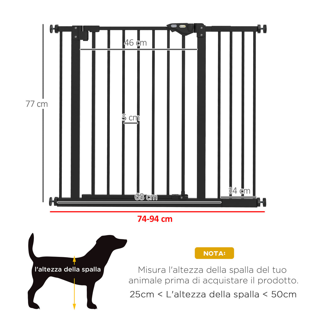 Adjustable Dog Gate with Automatic Closing, Made of Steel and Plastic, 74-100x77 cm Black