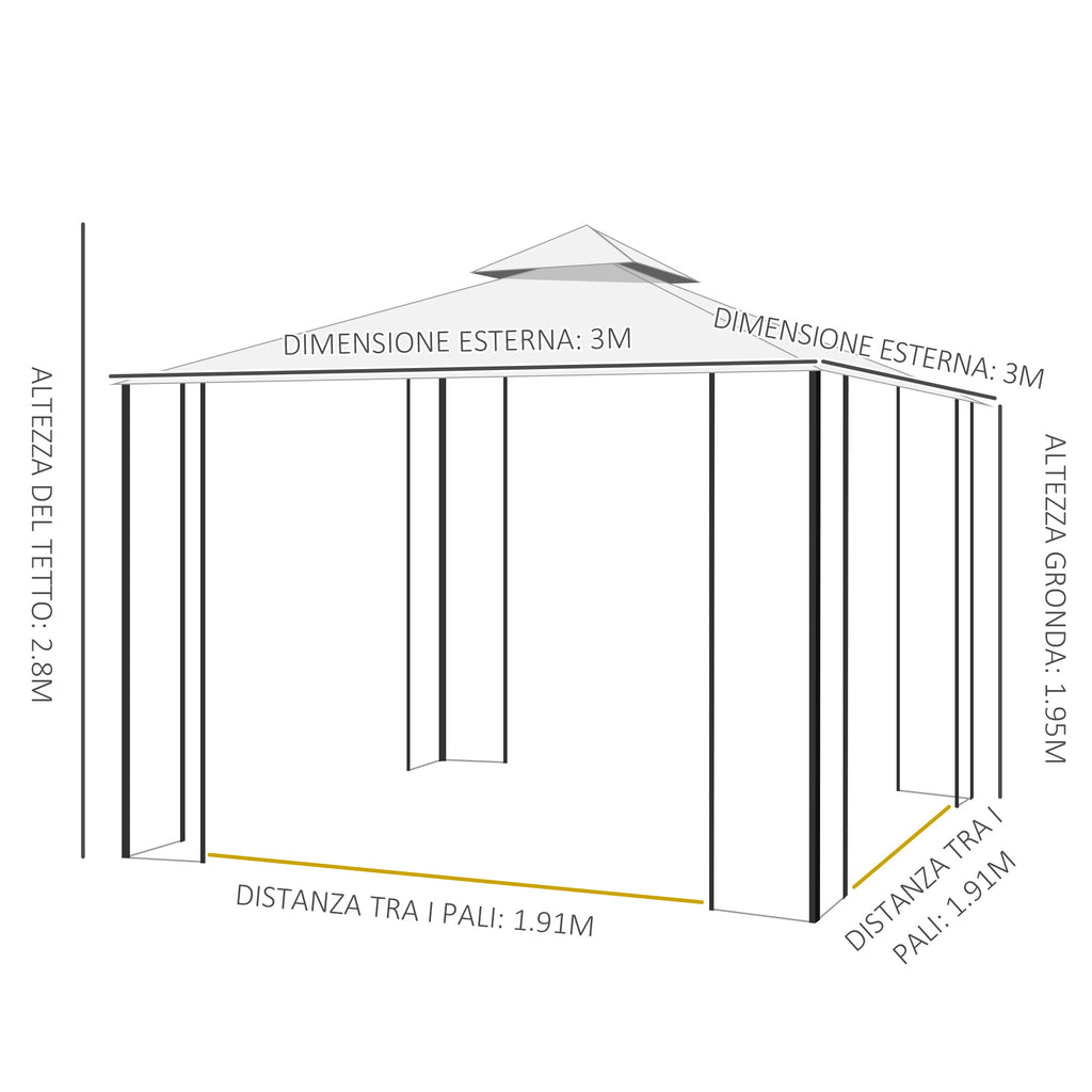 3x3m Garden Gazebo with Mosquito Net, Steel Frame and Double Canopy, White