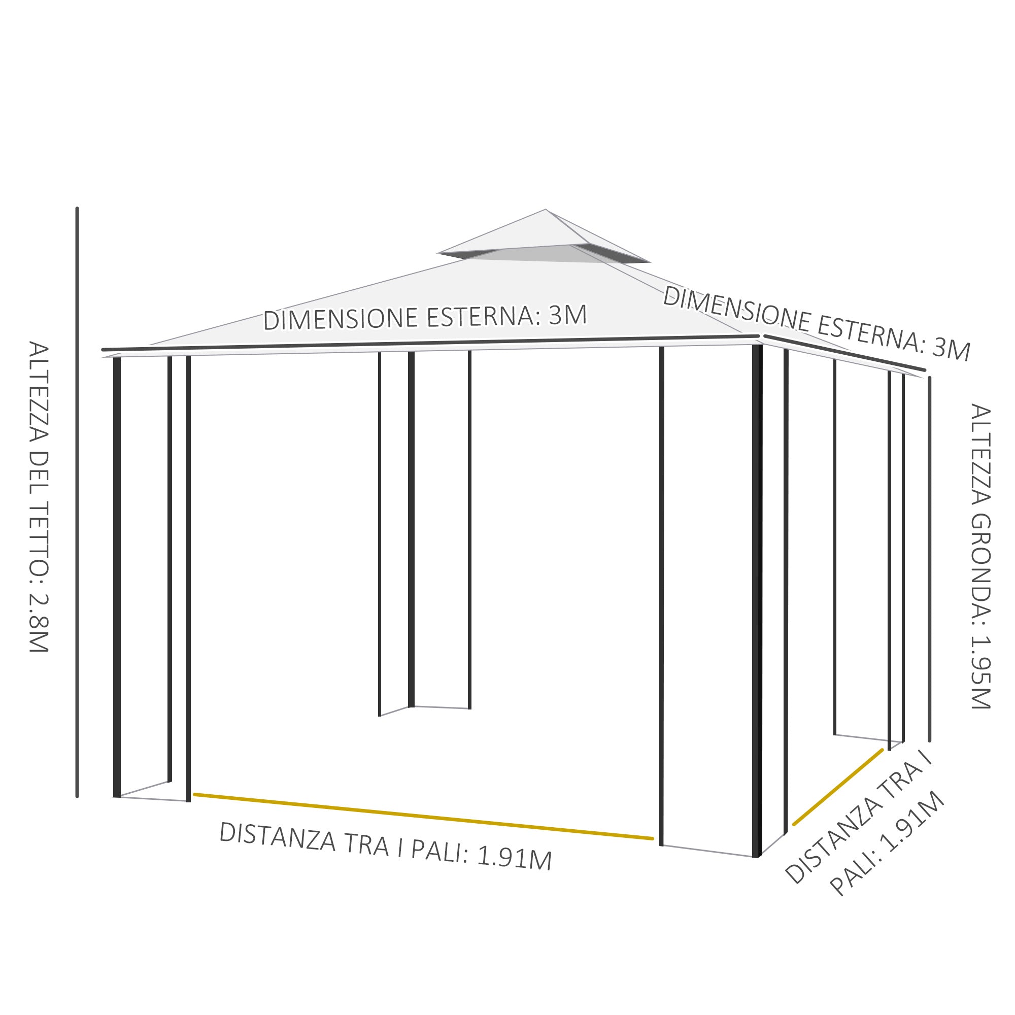 3x3m Garden Gazebo with Mosquito Net, Steel Frame and Double Canopy, White