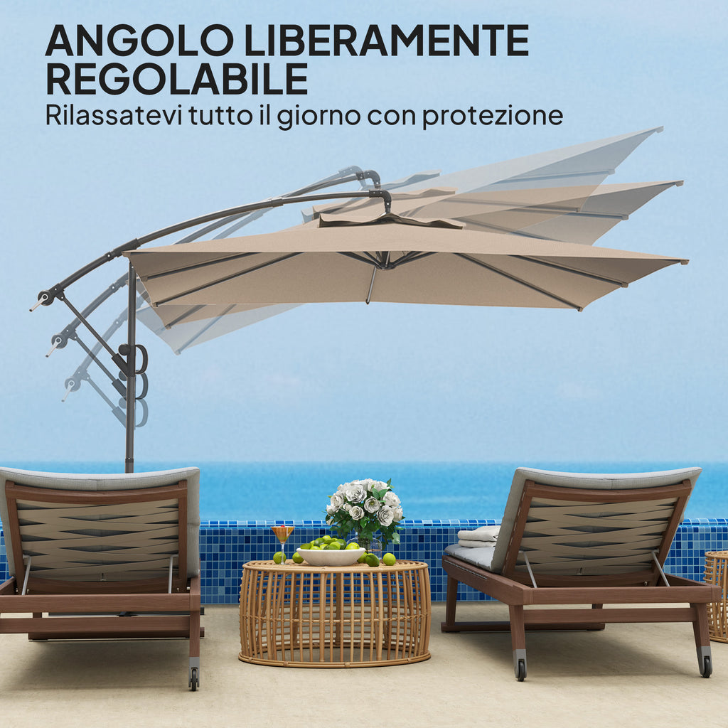 3x3 m Arm Umbrella with Adjustable Cover and Cross Base, in Metal and Polyester, Khaki color