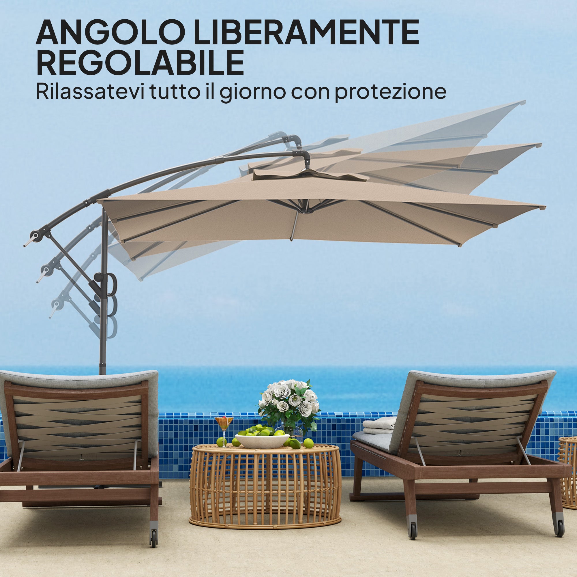 3x3 m Arm Umbrella with Adjustable Cover and Cross Base, in Metal and Polyester, Khaki color