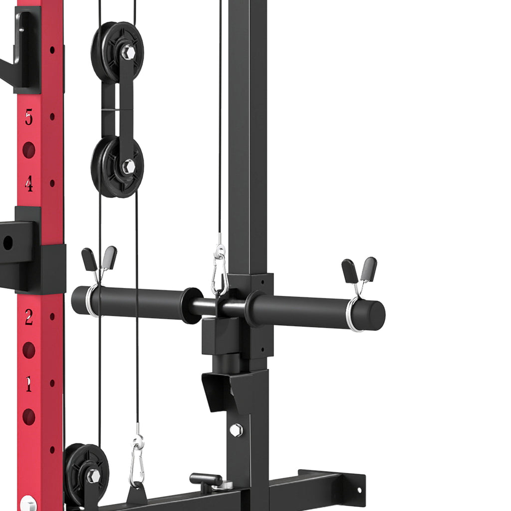 SPORTNOW Folding Power Cage, Rack with Pull-Up Bar and Cable Pulley System, Red