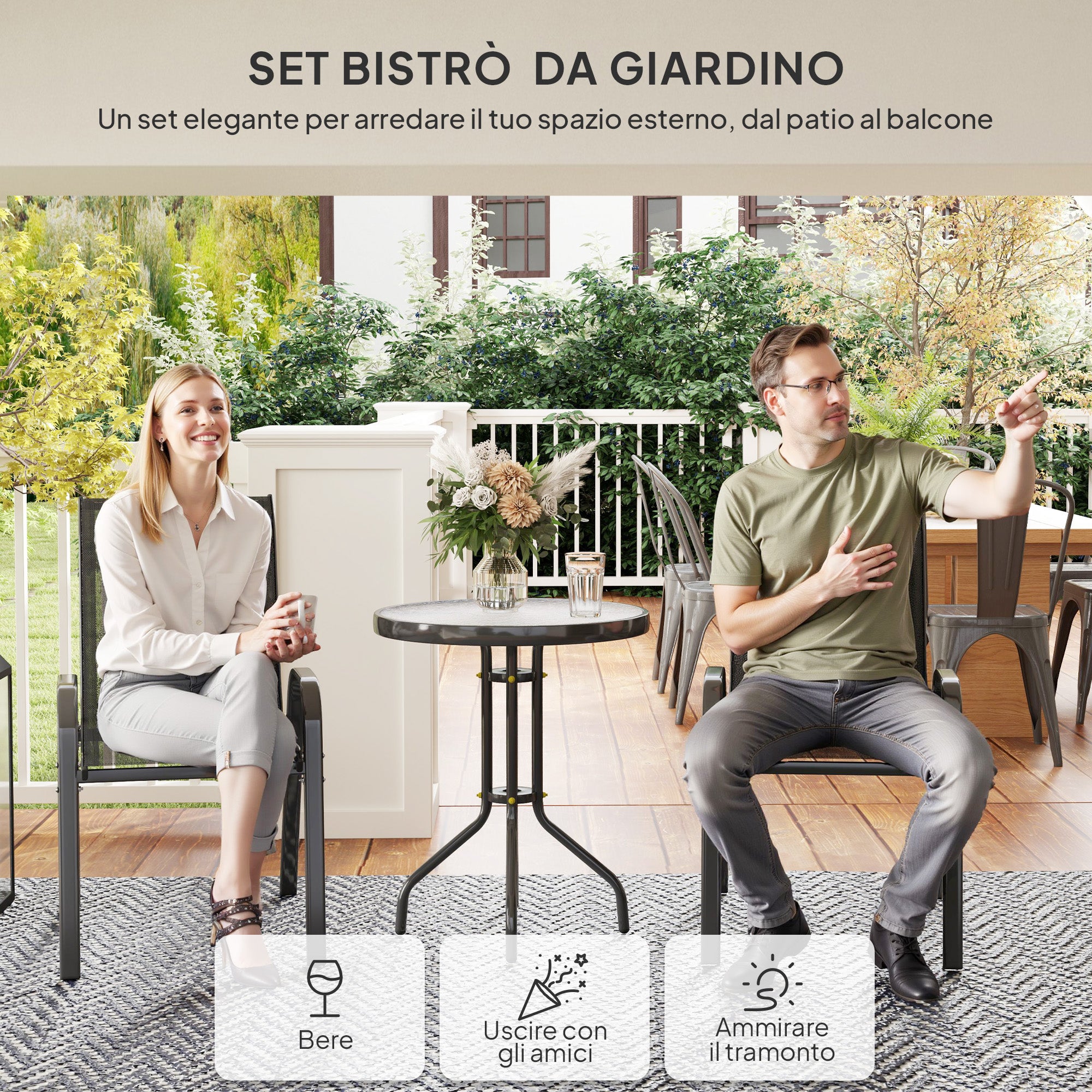3 Piece Garden Set with 2 Garden Chairs 54x71x93 cm and Round Table Ø60x71 cm in Black Steel