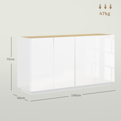 Modern Sideboard with 2-Door Cabinets, Soft Closing and Adjustable Shelves, 140x40x75cm, Gloss White