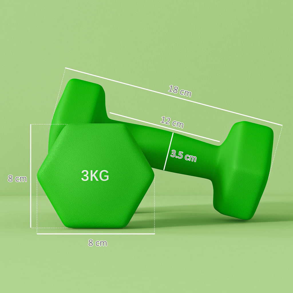 SPORTNOW Set of 2 Dumbbells 3 kg Hexagonal and Non-slip for Home and Gym, in Metal and Plastic, 18x8x8 cm, Green
