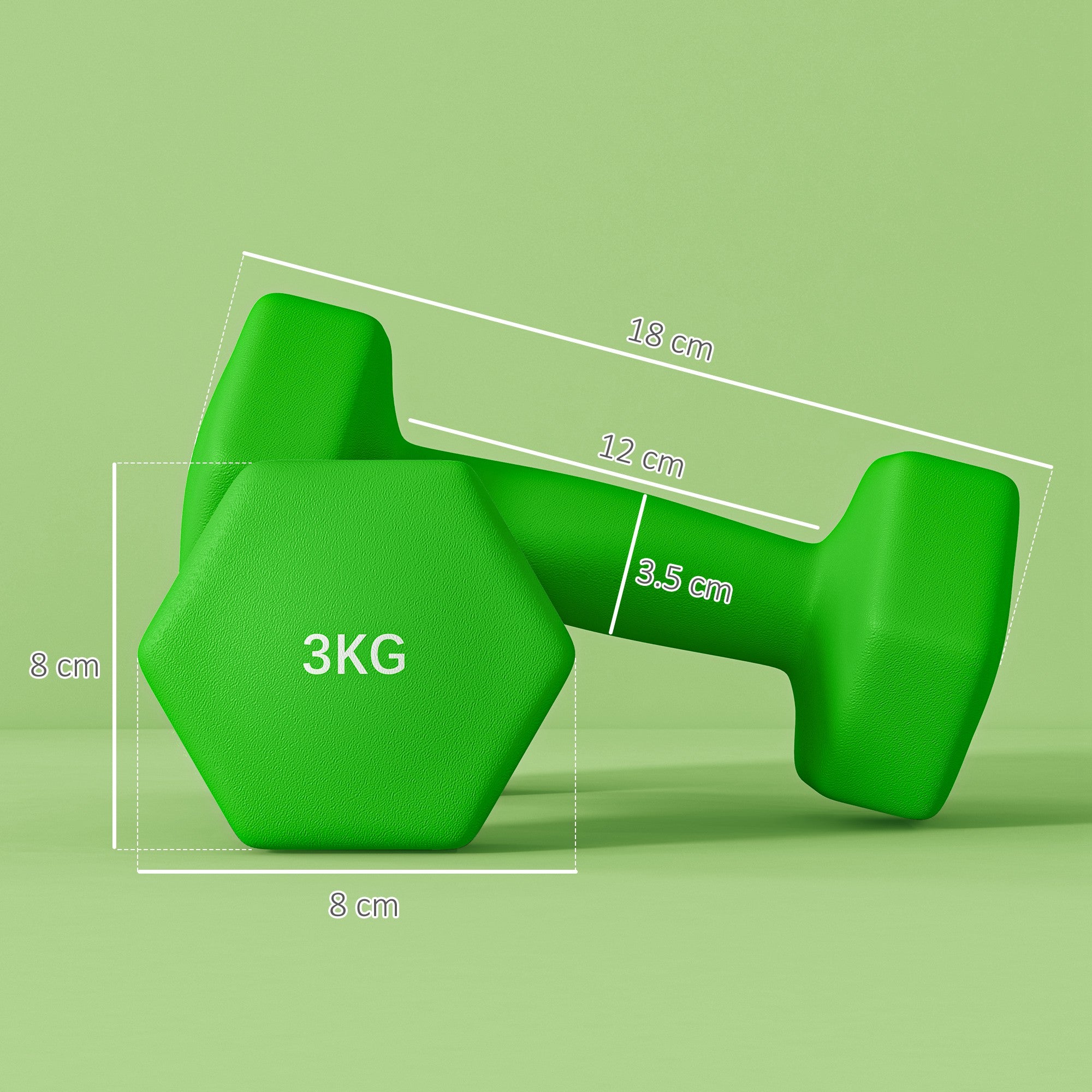 SPORTNOW Set of 2 Dumbbells 3 kg Hexagonal and Non-slip for Home and Gym, in Metal and Plastic, 18x8x8 cm, Green