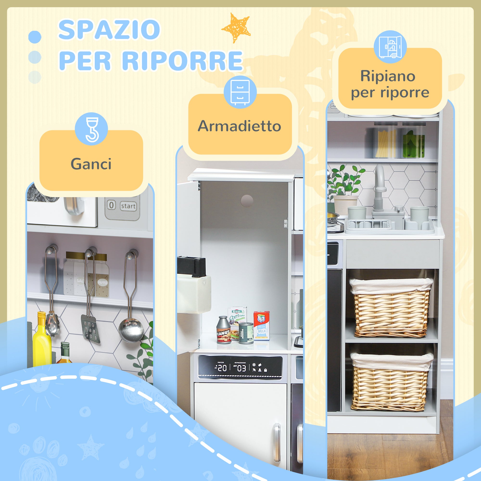 Wooden Toy Kitchen Set with Stove with Lights and Sounds, Sink with Water Circulation and Accessories, White