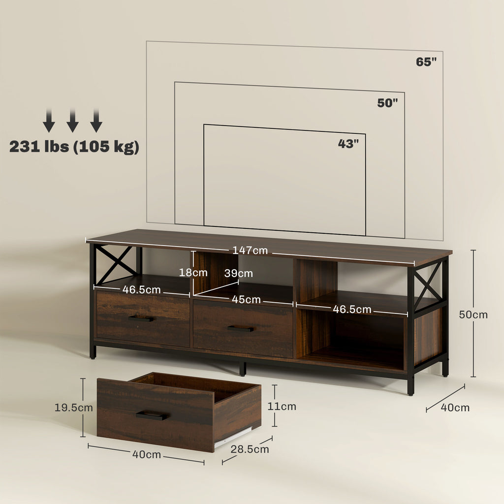 Industrial TV Cabinet with 3 Drawers and 3 Open Shelves, in Wood and Steel, 147x40x50 cm, Black and Brown