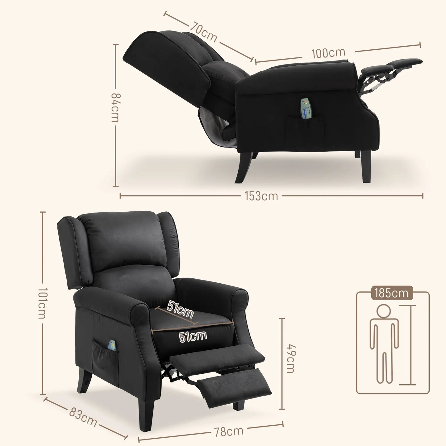 Black Reclining Armchair with heating and remote control, 78x84x101cm, black