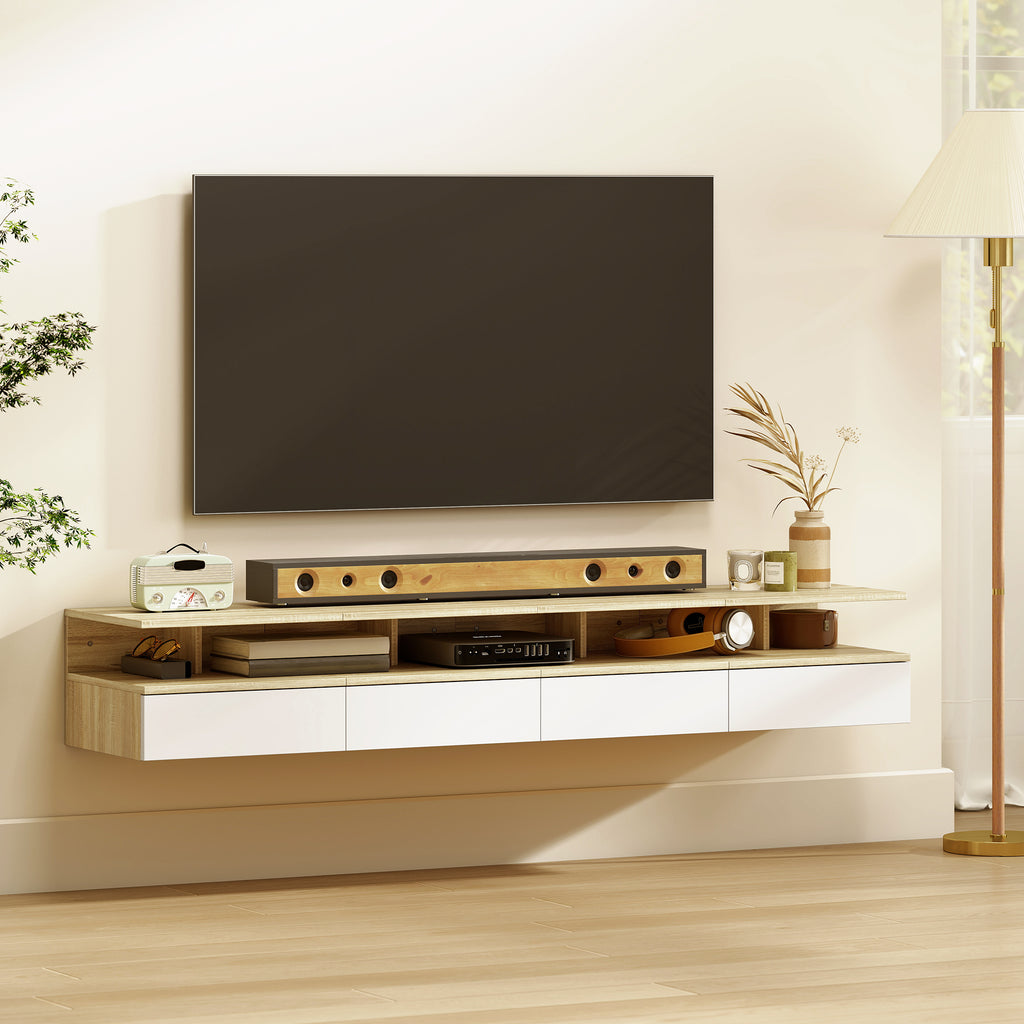 HOMCOM Set of 2 Floating Bedside Tables with Drawer and Open Shelf, 35x32x22.5 cm, White and Oak