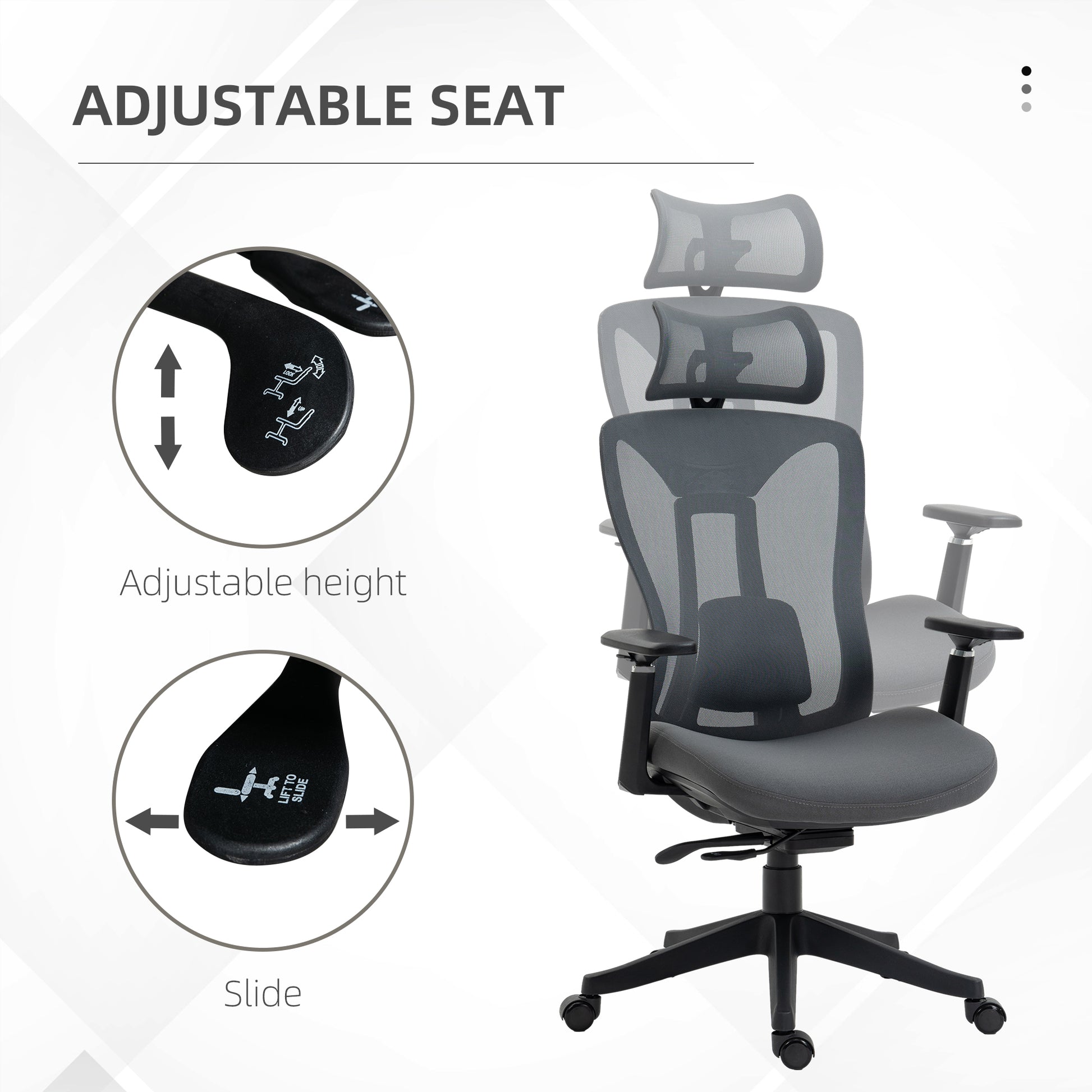 Reclinable office chair with headrest, lumbar support and adjustable height, gray - Borgè