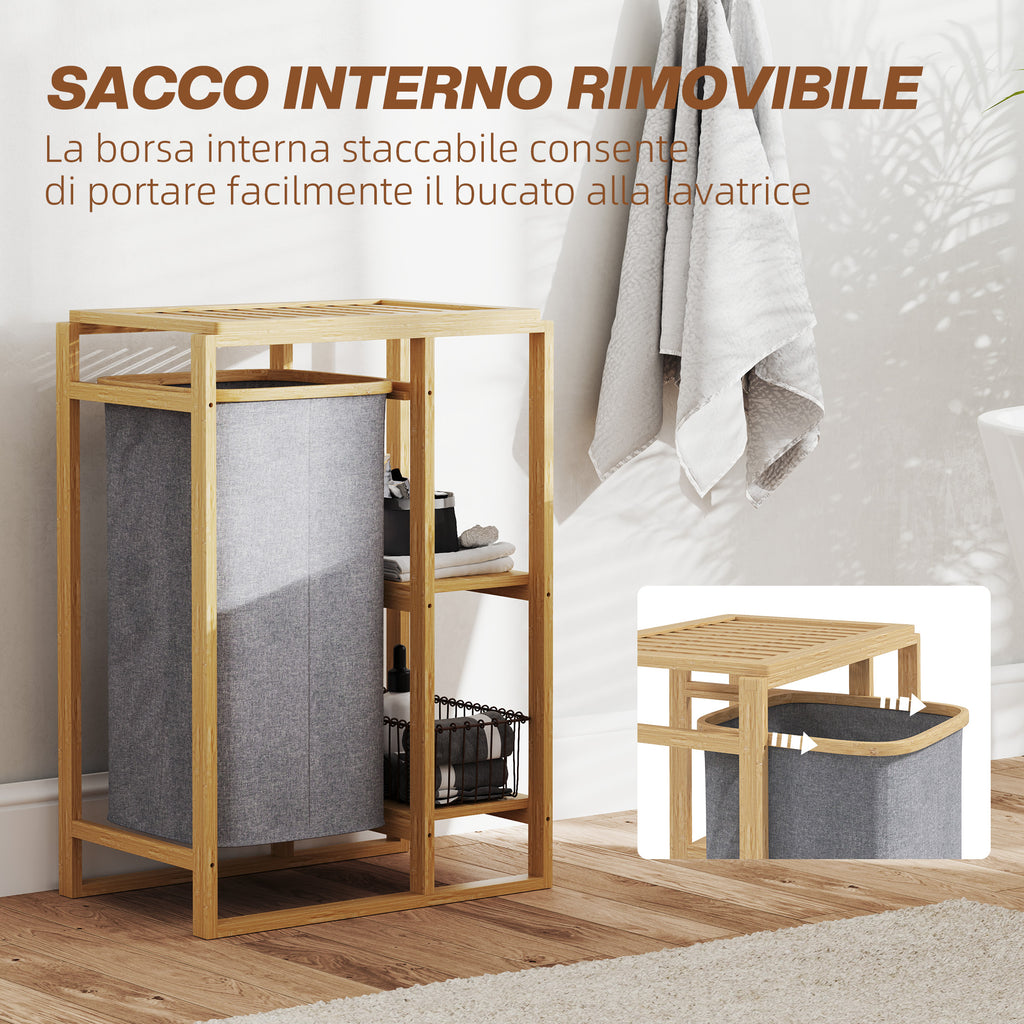 Laundry Basket with Pull-Out Bag and Bamboo Slatted Shelves, 50x32x70 cm, Grey