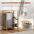 Laundry Basket with Pull-Out Bag and Bamboo Slatted Shelves, 50x32x70 cm, Grey