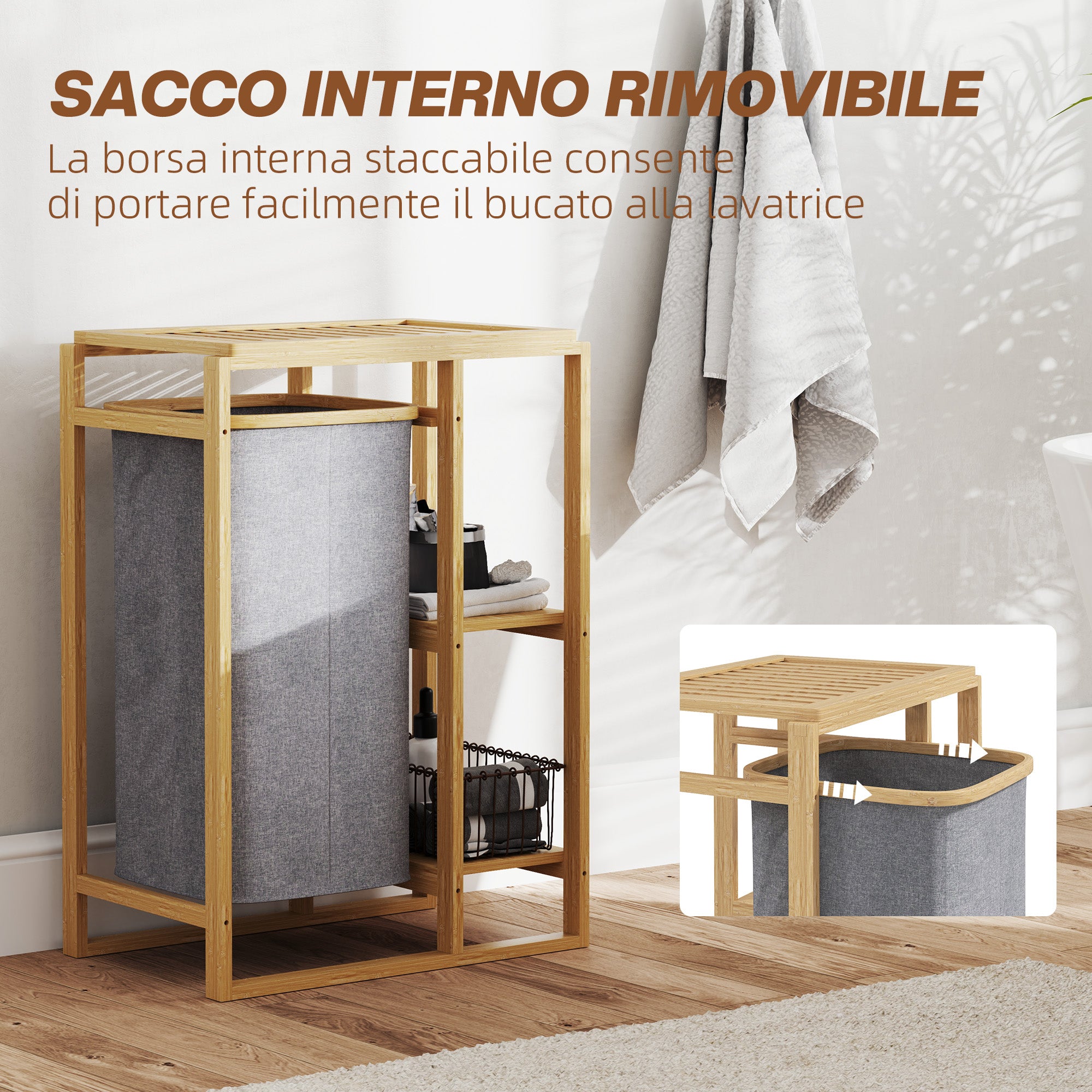 Laundry Basket with Pull-Out Bag and Bamboo Slatted Shelves, 50x32x70 cm, Grey