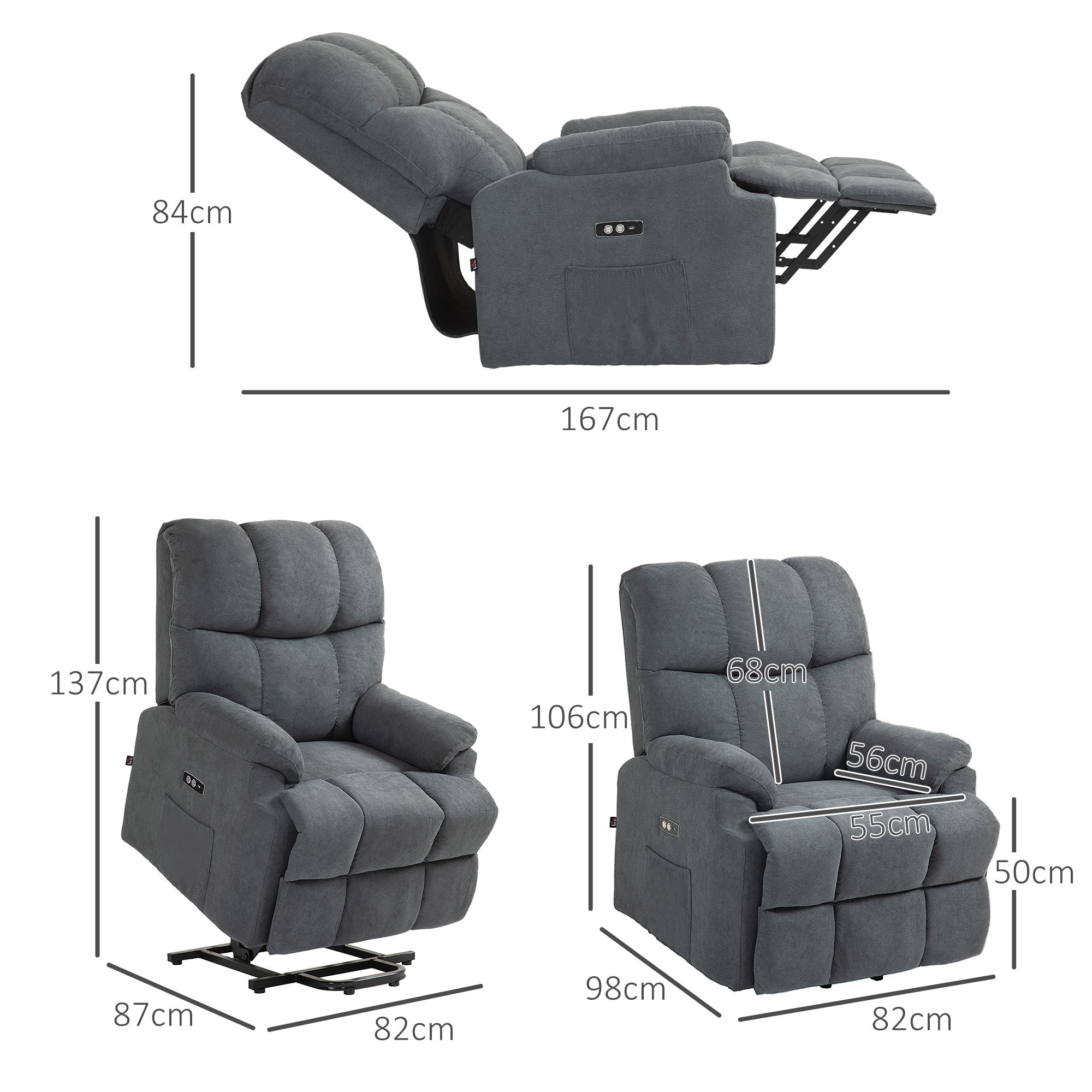 Lift Chair with Footrest, in Linen Effect Fabric, 84x96x100 cm, Dark Grey