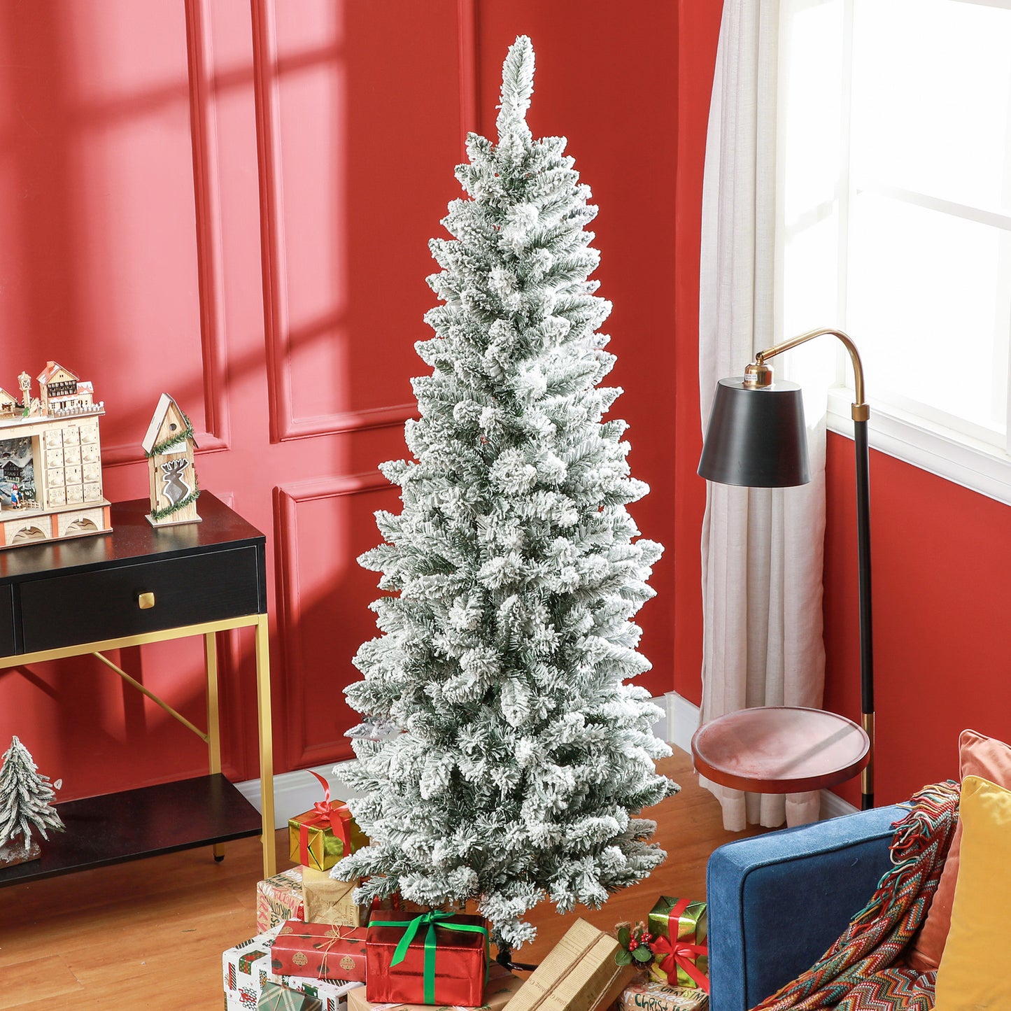 CHRISTMAS TREE - 180cm Christmas Tree with 479 Snowy Branches, Tall and Narrow Design with Folding Base, Green