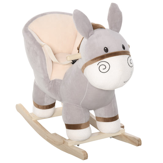 HOMCOM Rocking Horse for Children 18-36 Months, Donkey-Shaped Rocking Horse with Realistic Sounds in Poplar Wood and Plush, Gray