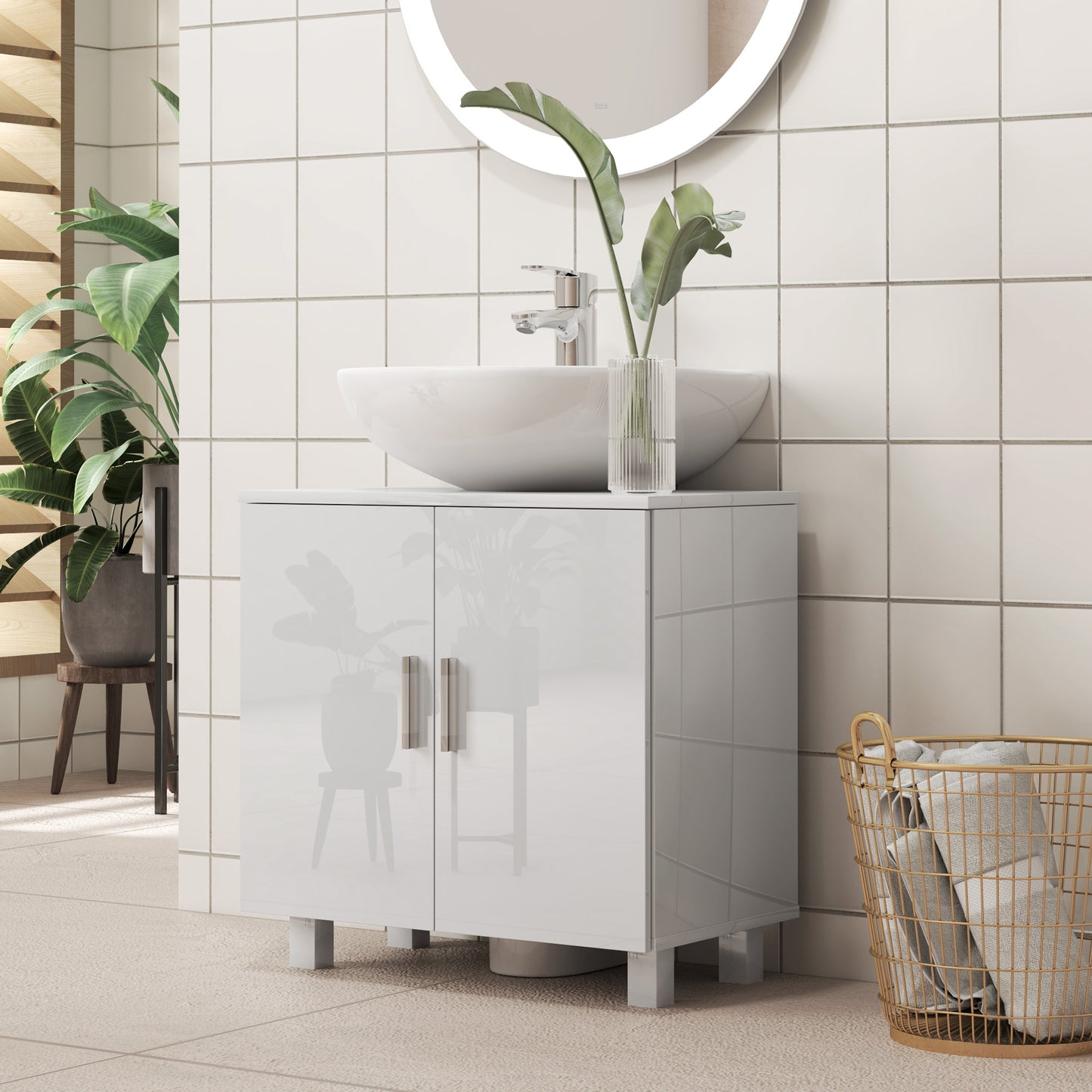 Bathroom Under-Vanity Unit with 2 Doors with Middle Shelf, MDF, 60x35x60 cm, White