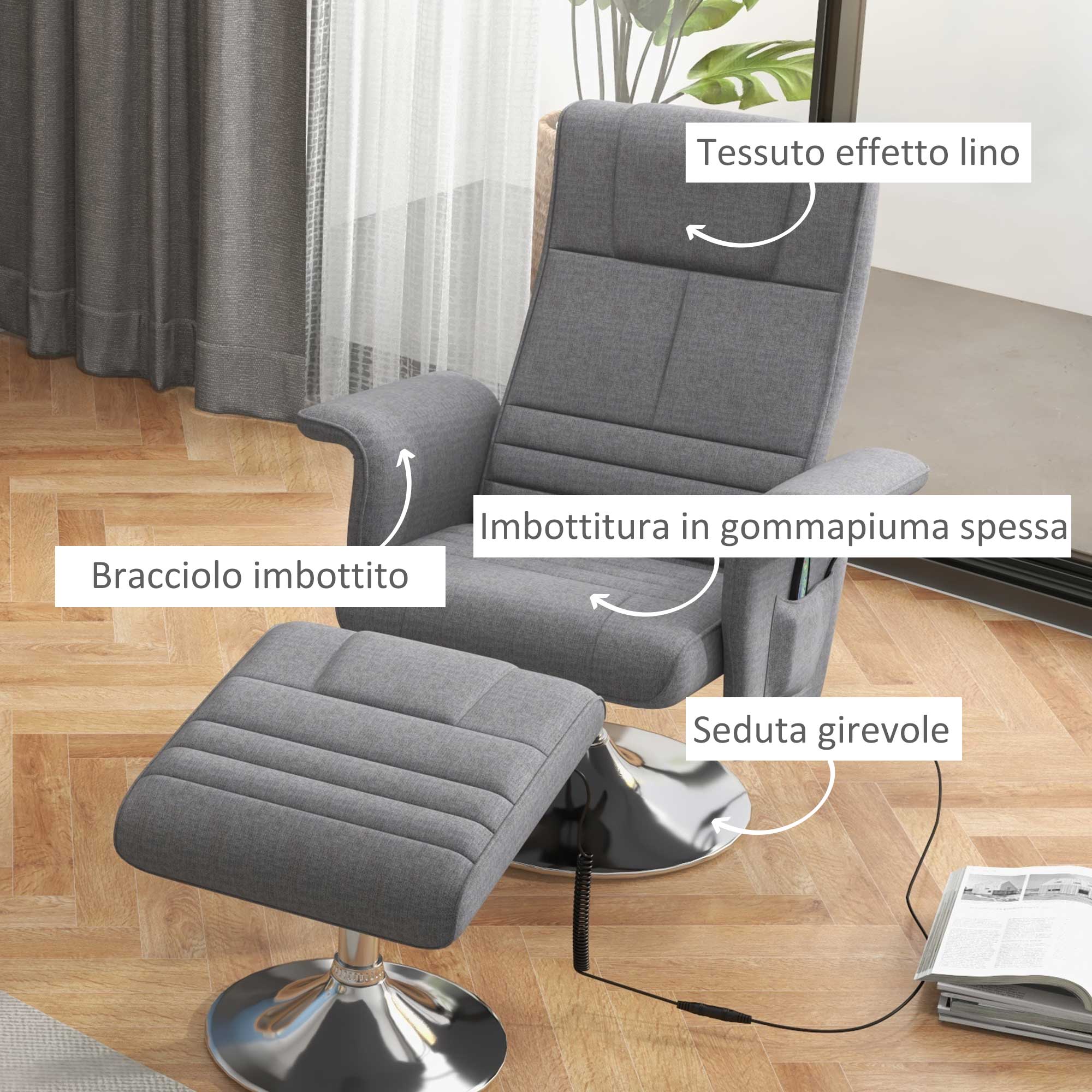 Massage Reclining Chair with Footrest, Linen Effect Fabric, 78x90x93 cm, Dark Grey