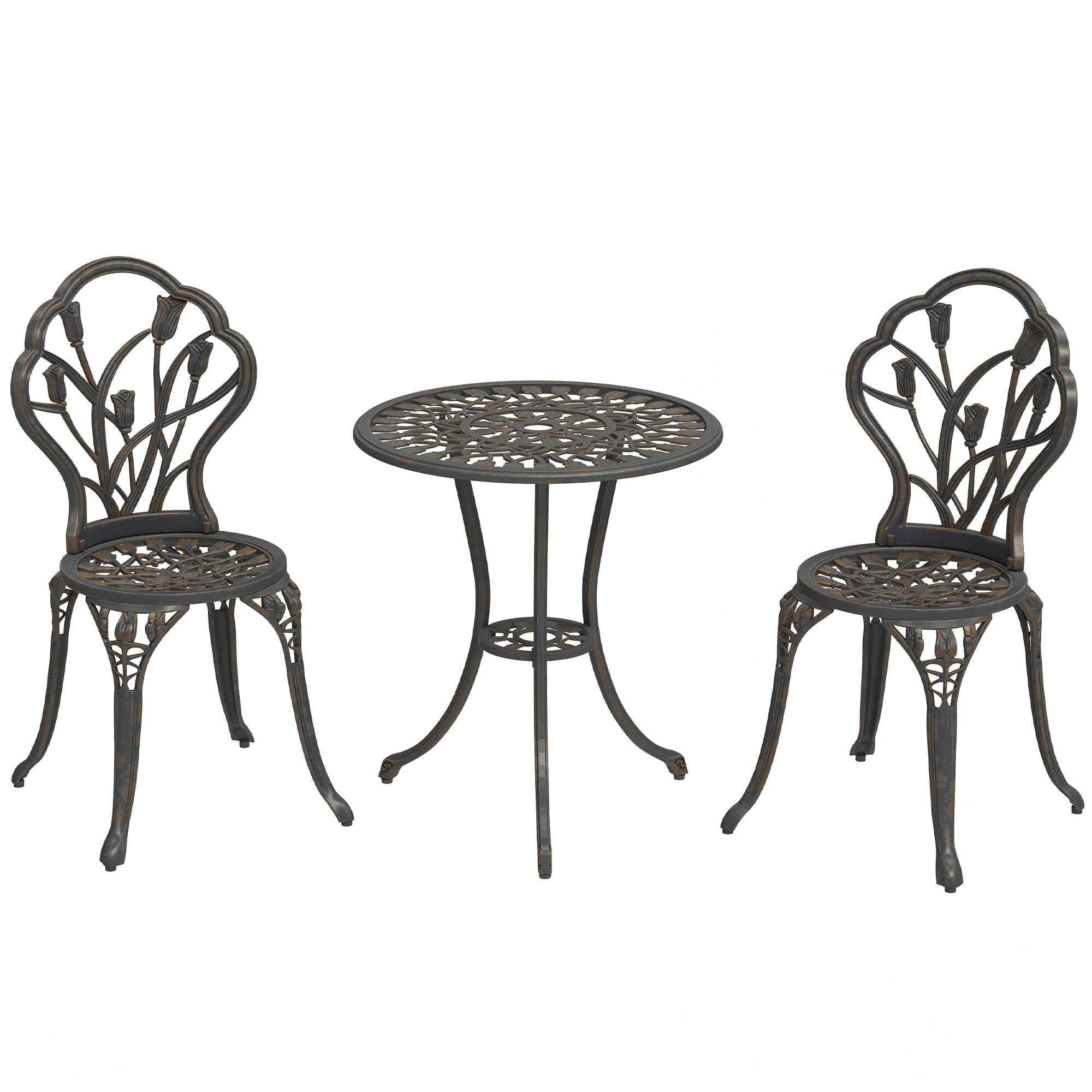 Outsunny 3-Piece Outdoor Set with 2 Garden Chairs and Round Table with Umbrella Hole, Bronze