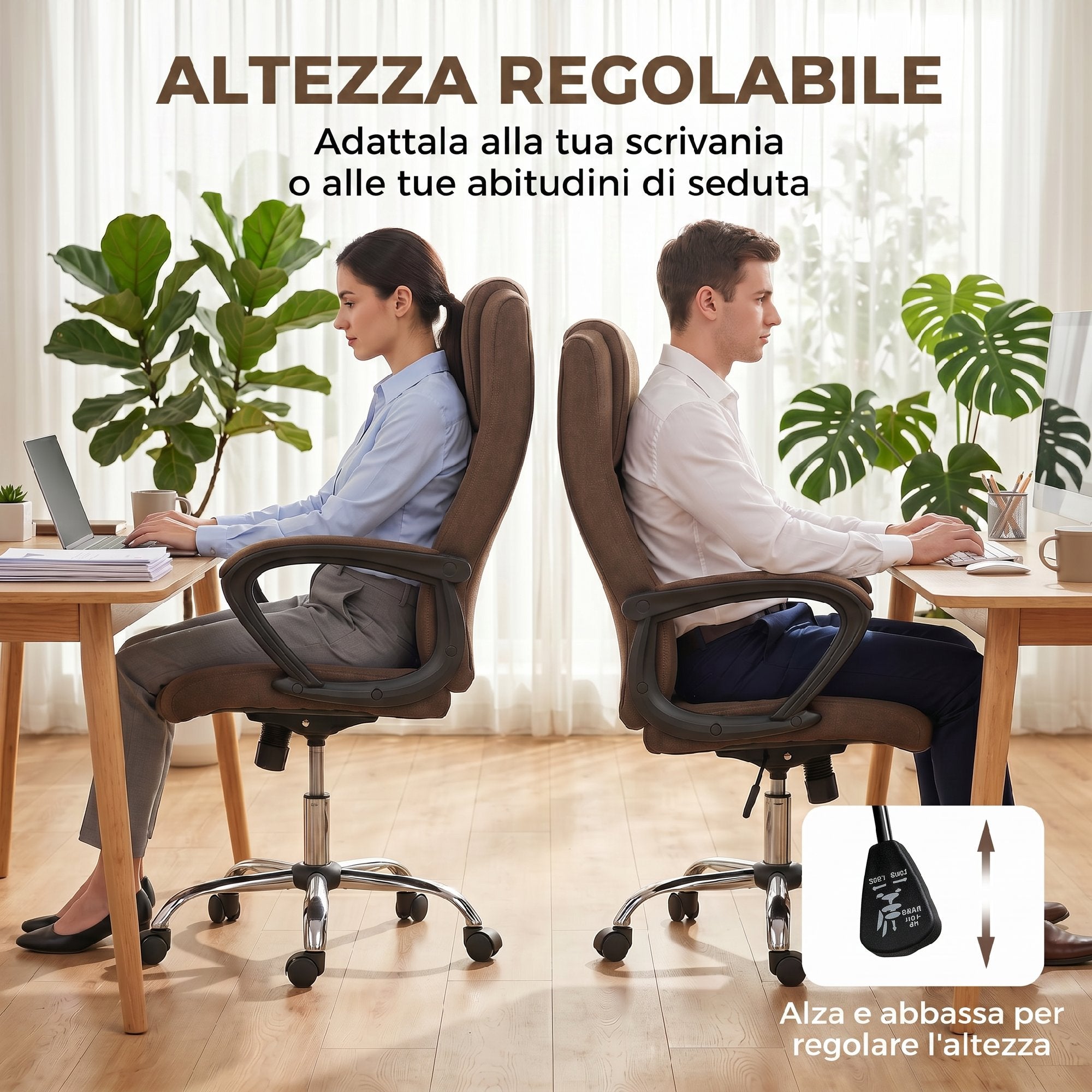 Vinsetto Ergonomic Reclining and Swivel Office Chair in Linen Effect Fabric with Headrest, Brown