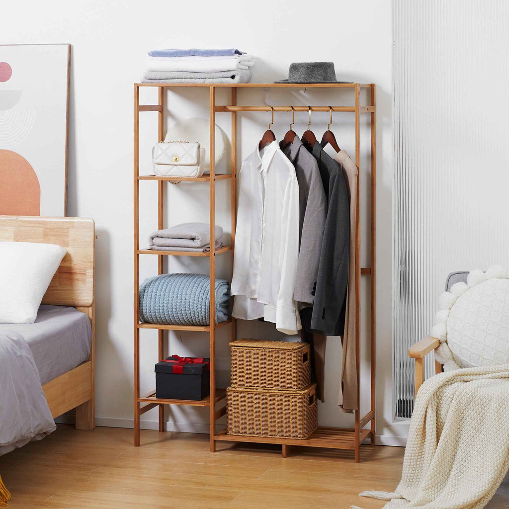 HOMCOM Bamboo Coat Rack with 6-Tier Shelf and Coat Hook, 90x30x145 cm, Natural Wood