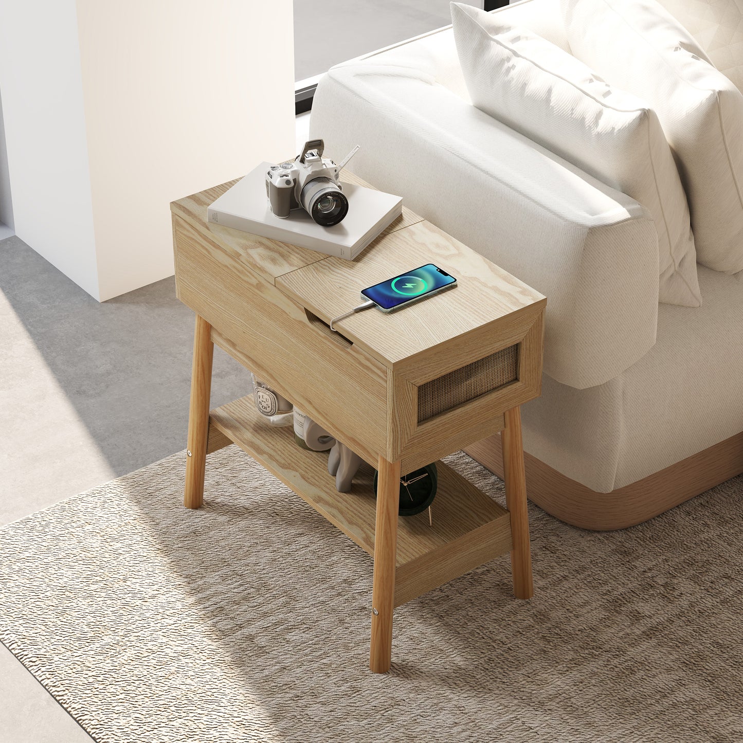 Boho Style Coffee Table with Concealed Top and Open Top, MDF, 30x60x60.5 cm, Wood color