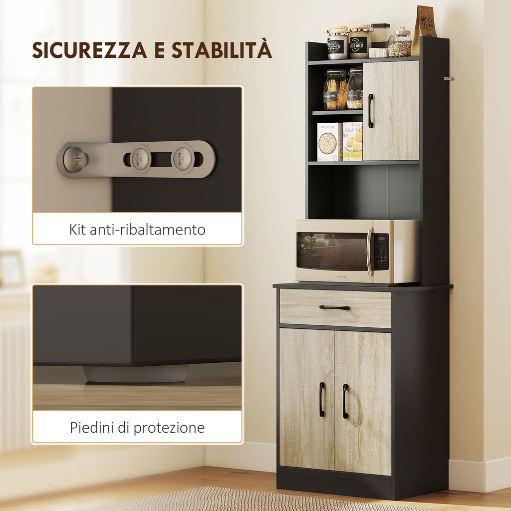 Wooden Pantry Cabinet with Drawer, 2 Open Shelves and Cabinets, 60x40x180 cm, Black and Wood Color