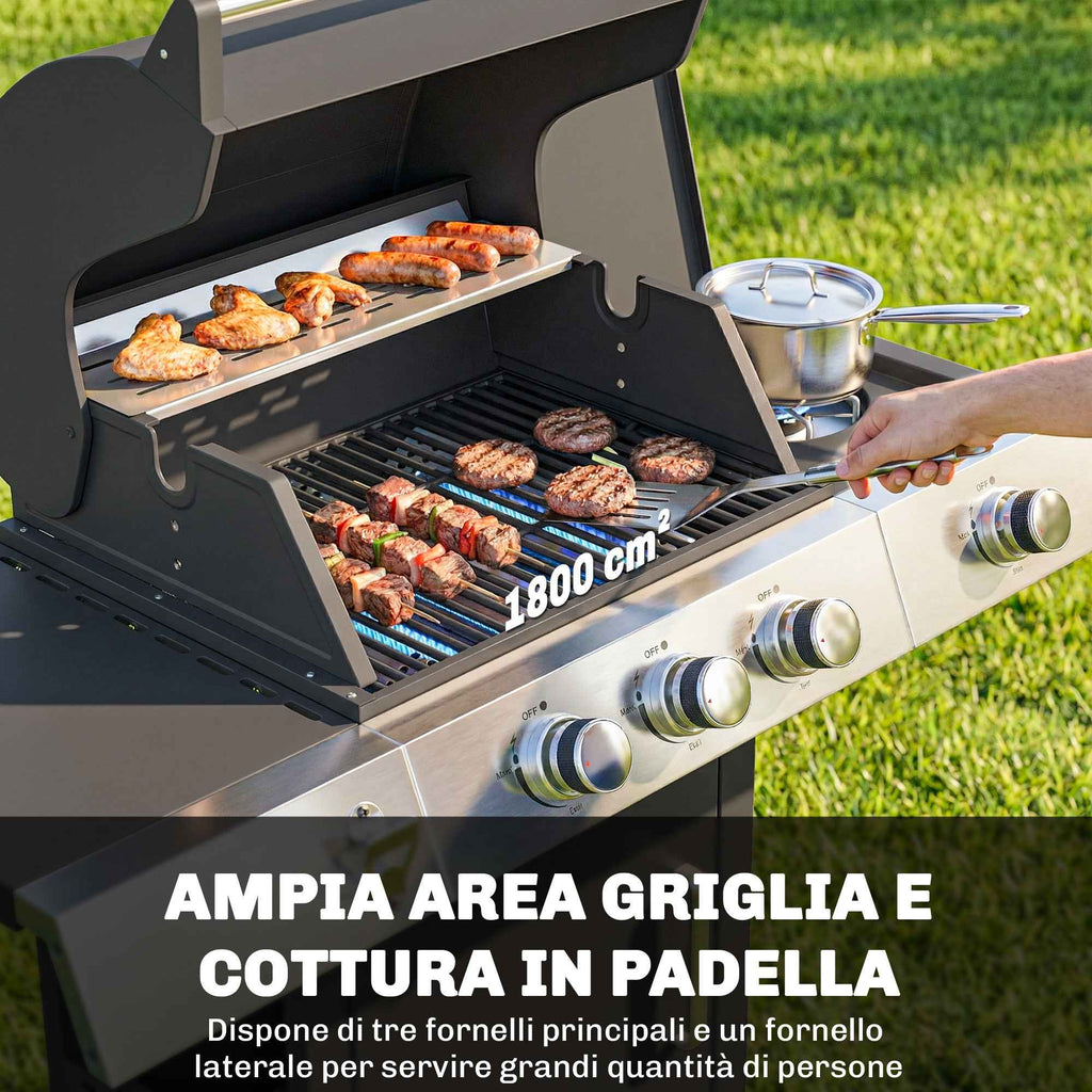 Outsunny Gas Barbecue with 3 Burners and Side Burner, 109x50x109 cm, Black