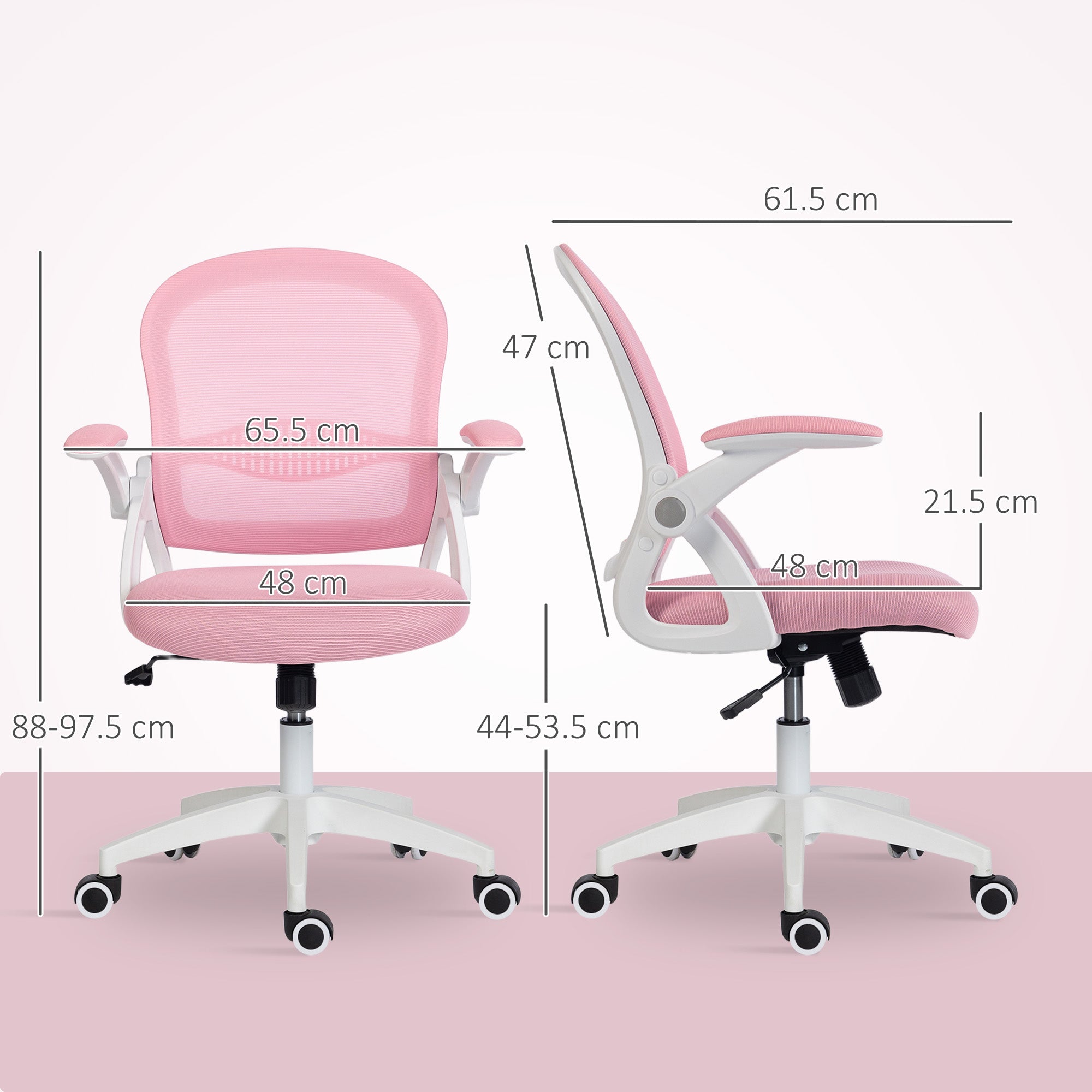 Ergonomic and Adjustable Office Chair with Mesh Backrest and Padded Seat, 65.5x61.5x88-97.5 cm, Pink