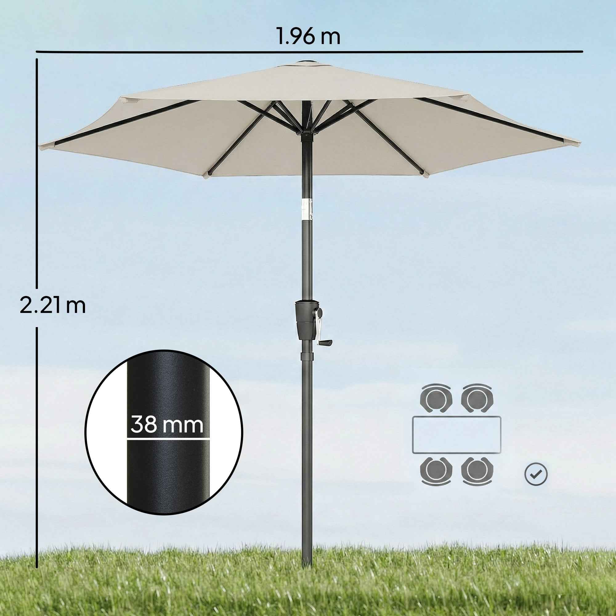 Outsunny 2x2m Tilting Garden Umbrella with 6 Ribs and Crank Handle, in Metal and Polyester, Light Grey
