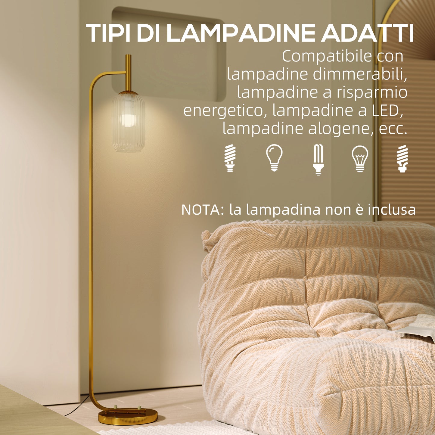 Modern Floor Lamp with Glass Shade and Foot Switch for E27 Bulbs, Gold