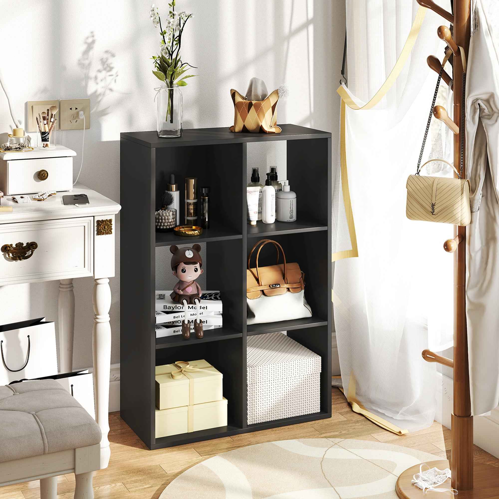 HOMCOM Cube Bookcase with 6 Storage Shelves, Wooden, 61.5 x 29.5 x 91.5 cm, Black