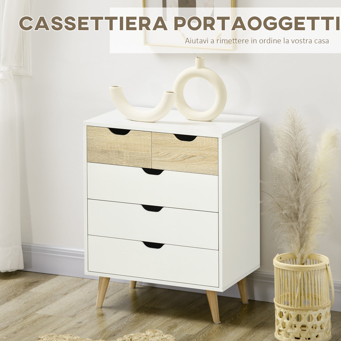 HOMCOM 5-drawer chest of drawers for bedroom with carved handles, 60x40x77.5cm, white and wood