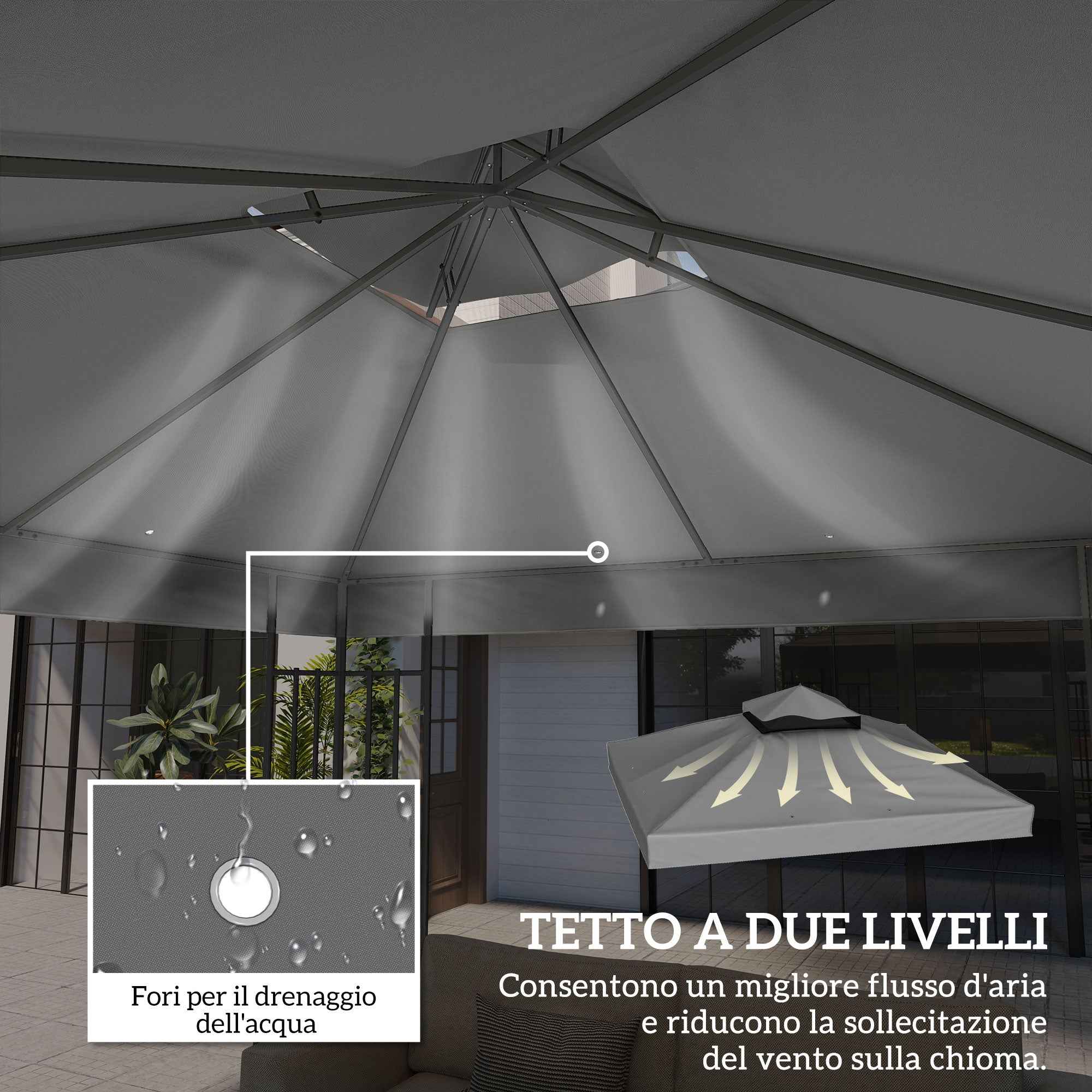 Outsunny 3x3m UPF30+ 2-Tier Dark Grey Polyester Garden Gazebo Cover