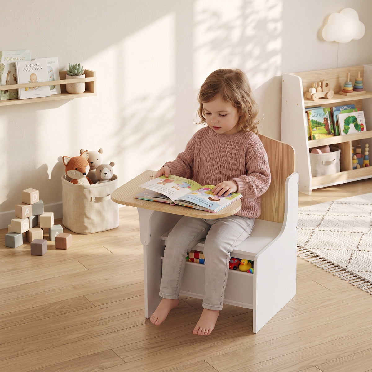 AIYAPLAY Children's Table and Chair Set for 3-5 Years Old in MDF Wood with Heart Patterns, Integrated Storage, White