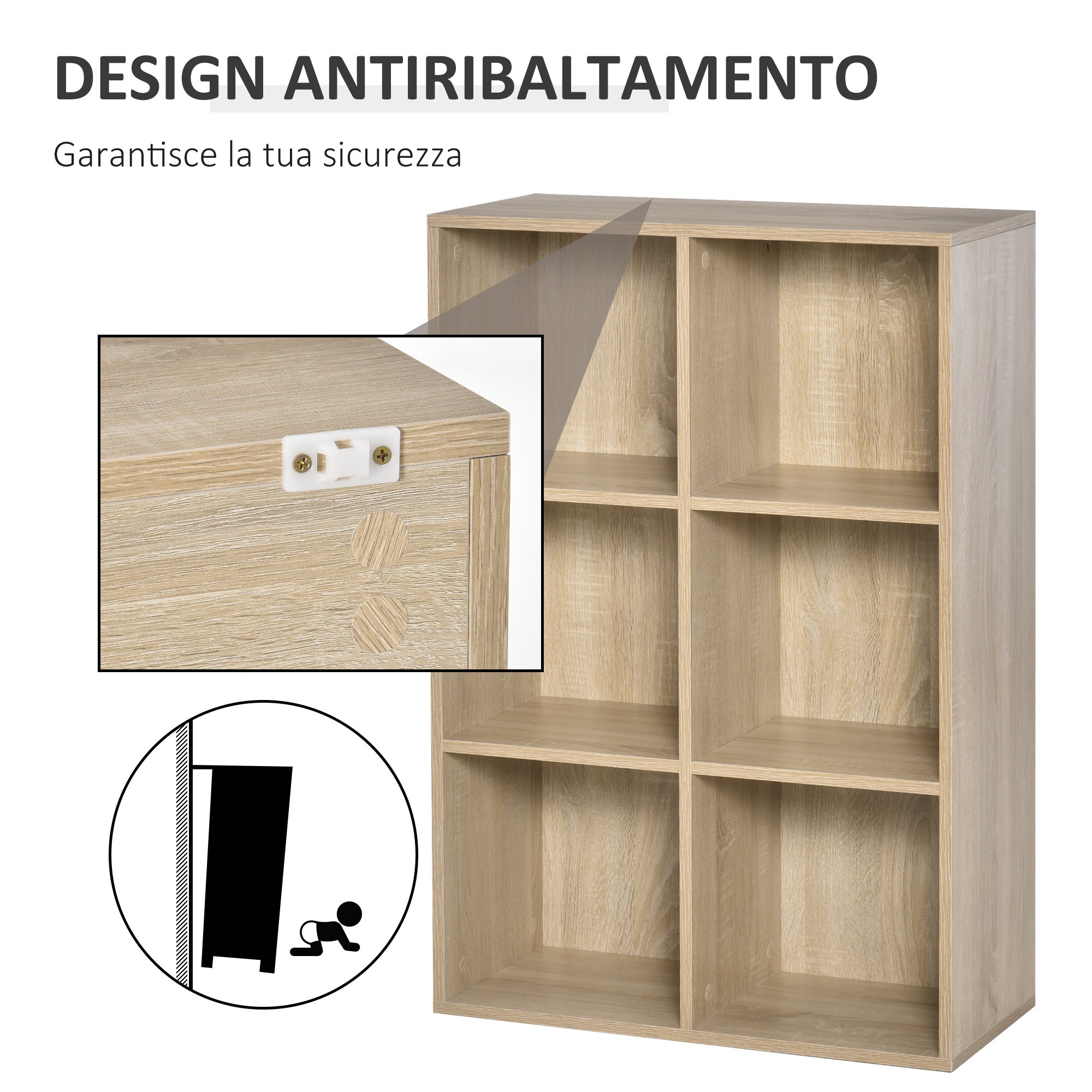 Modern 6-Cube Wooden Bookcase, 65.5x30x97.5 cm, Oak Color