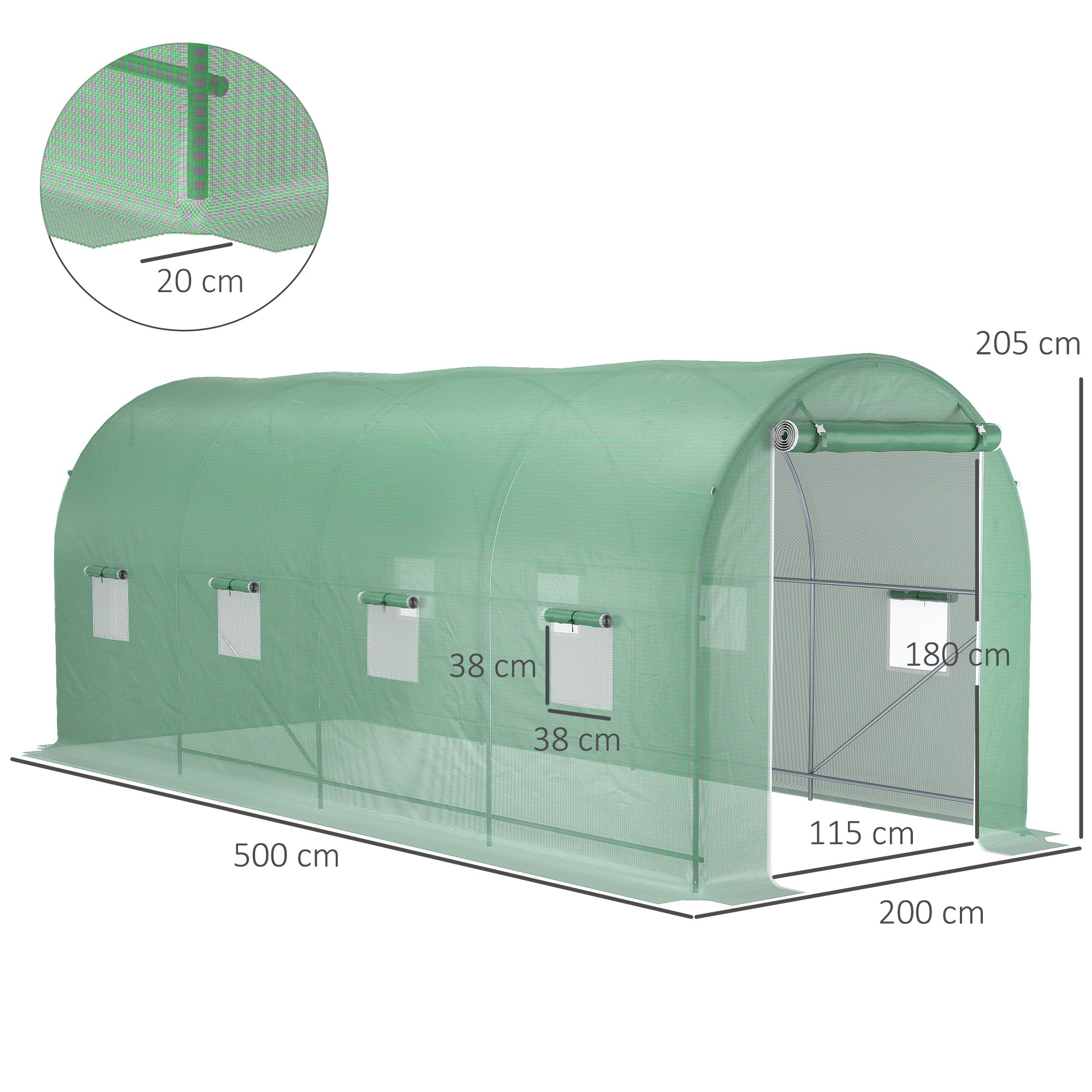 Outsunny 5x2x2m Garden Tunnel Greenhouse with 8 Windows and a Roll-Up Door, Green