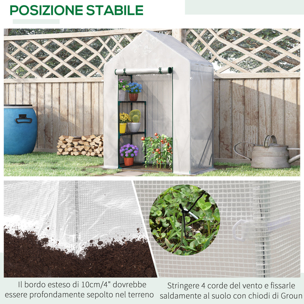 Outsunny Outdoor Garden Greenhouse in PE and Steel with 2 Shelves and Roll-Up Door, 143x73x195 cm, White