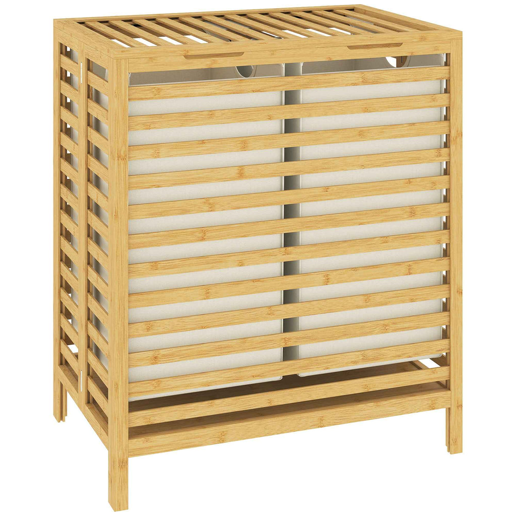HOMCOM 64L Bamboo Laundry Hamper with Lid, 2 Removable and Washable Oxford Fabric Bags, Wood Color